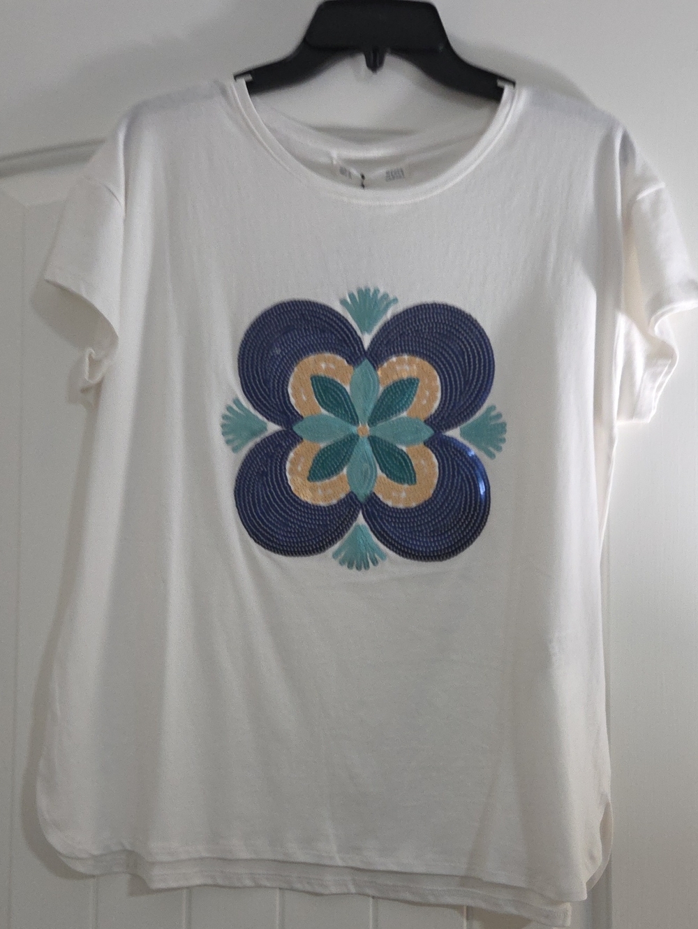 White Short Sleeve Tee with Blue and Teal Sequin Floral Motif